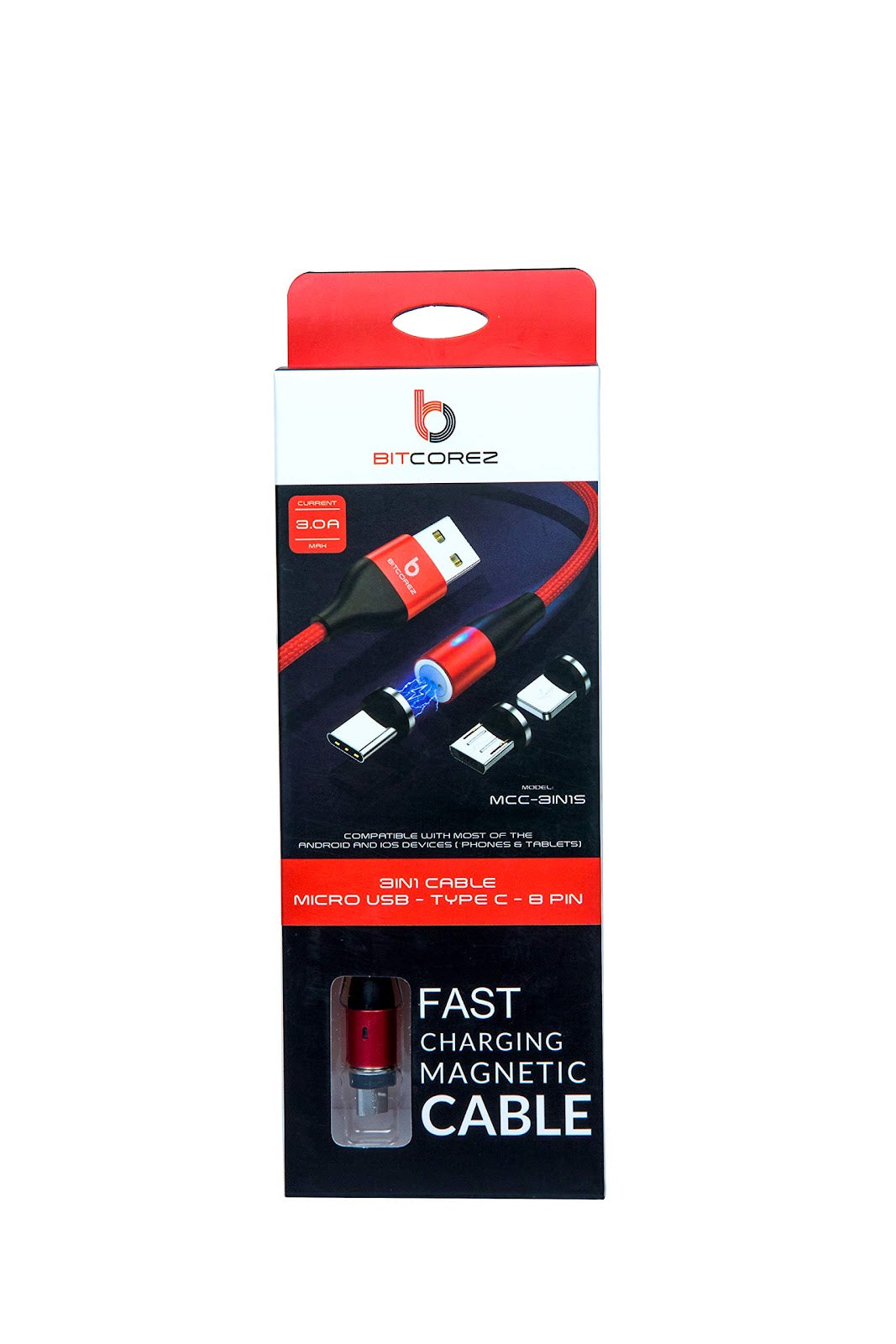 Bitcorez Fast Charging LED Magnetic Micro USB - type C - 8 pin 3in1 Cable