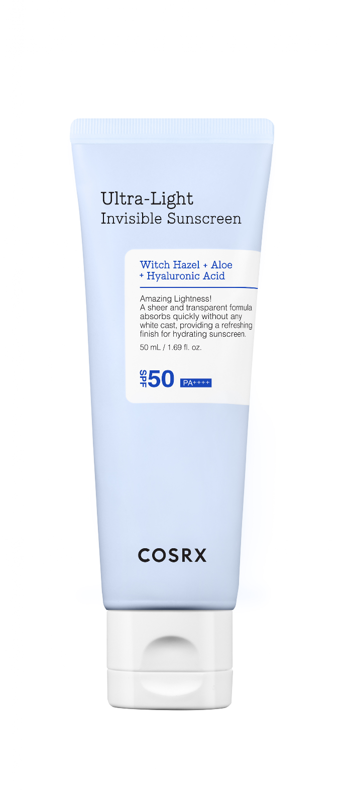 Ultra-Light Invisible Sunscreen Witch Hazel + Aloe + Hyaluronic Acid Amazing Lightness! A sheer and transparent formula absorbs quickly without any white cast, providing a refreshing finish for hydrating sunscreen. 50 mL/1.69 fl. oz.