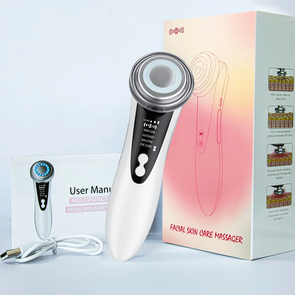 EMS Facial Massager Face Beauty Instrument with Induced Vibration and Hot Compress Face Skin Care Tool LED Light Therapy