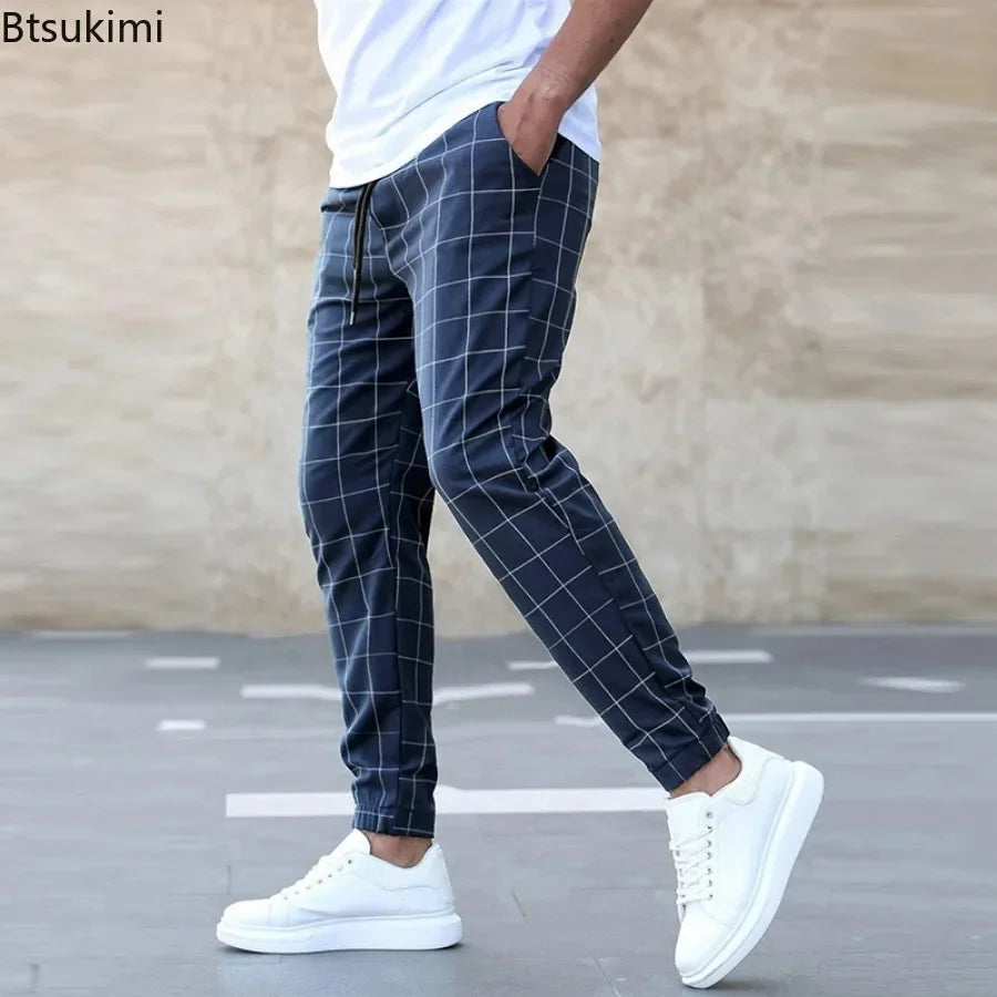 2026 New Spring Autumn Casual Pants Men's Plaid Drawstring Loose Trousers Trend Streetwear Sweatpants Male Business Sport Pants