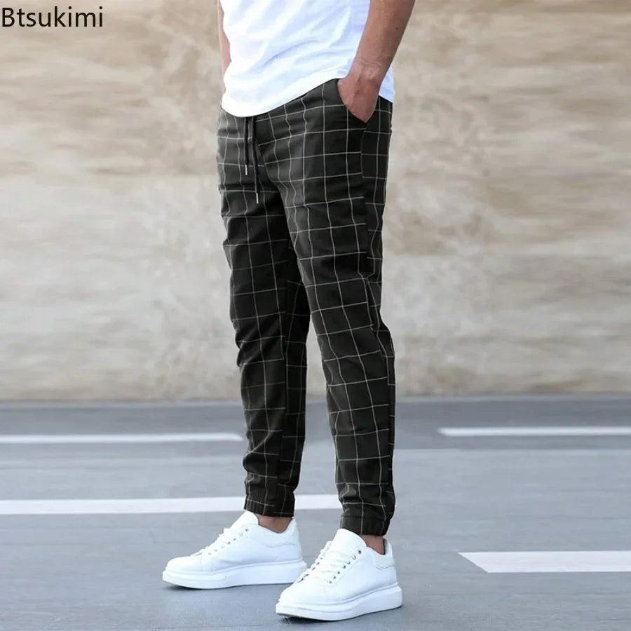2026 New Spring Autumn Casual Pants Men's Plaid Drawstring Loose Trousers Trend Streetwear Sweatpants Male Business Sport Pants