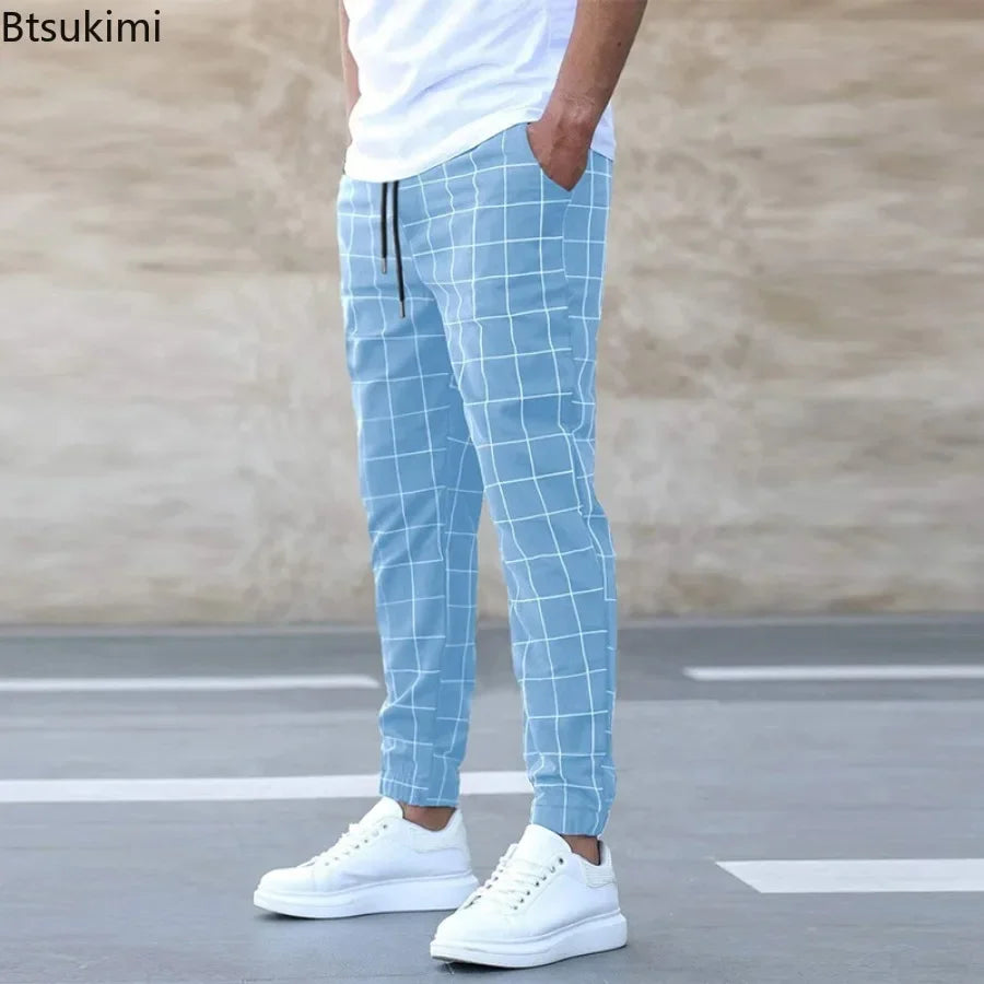 2026 New Spring Autumn Casual Pants Men's Plaid Drawstring Loose Trousers Trend Streetwear Sweatpants Male Business Sport Pants