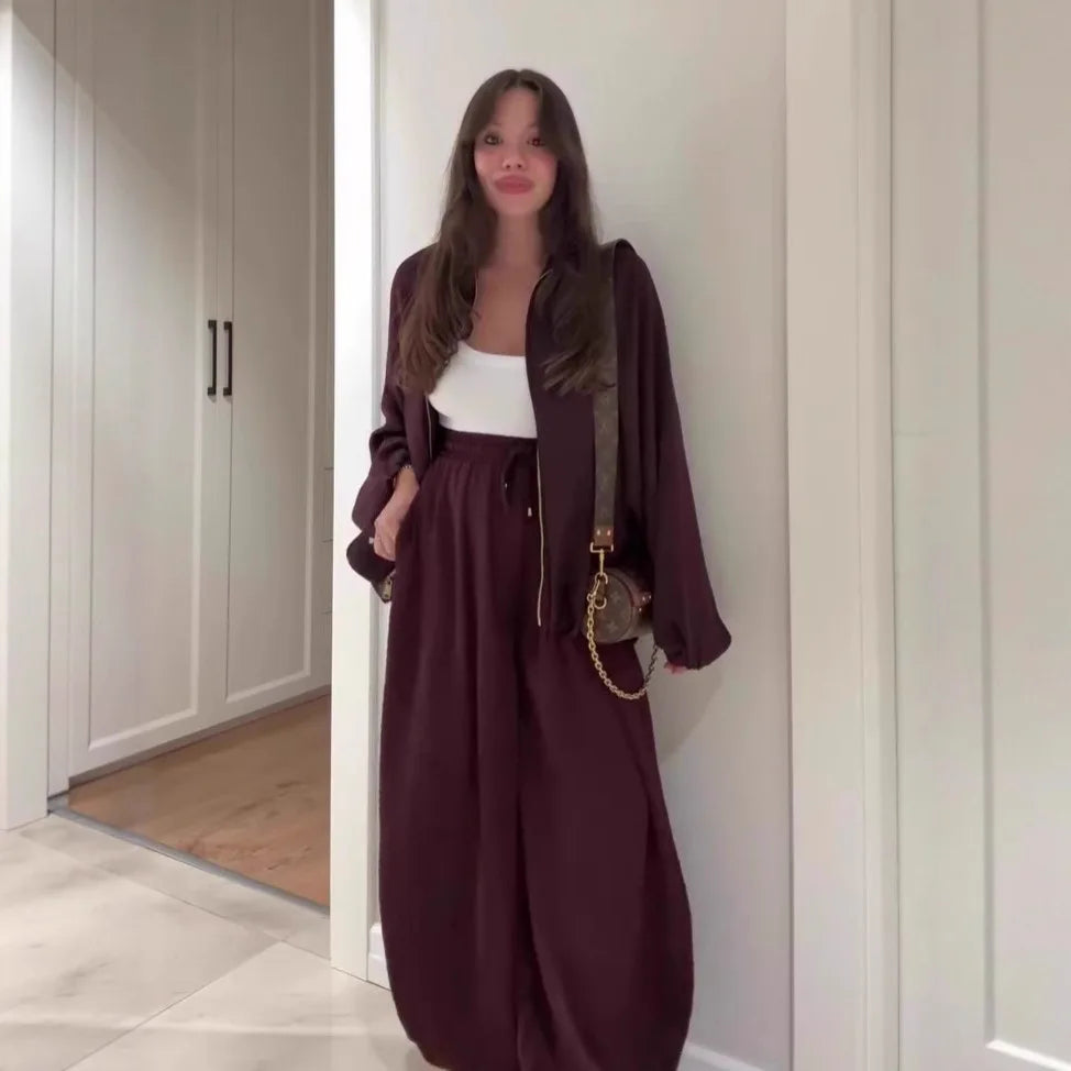 Pant Set Women Two Piece Sets Turn Down Collar Full Sleeve Zipper Wide Leg Cuffed Pants Lace Up Elastic Waist Y2k Streetwear