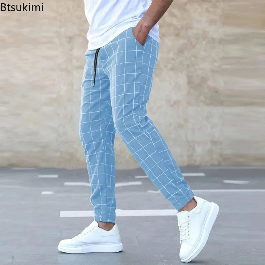 2026 New Spring Autumn Casual Pants Men's Plaid Drawstring Loose Trousers Trend Streetwear Sweatpants Male Business Sport Pants