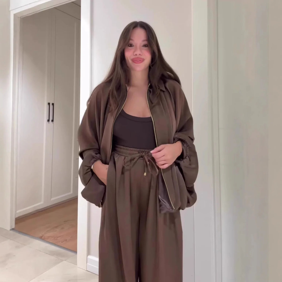 Pant Set Women Two Piece Sets Turn Down Collar Full Sleeve Zipper Wide Leg Cuffed Pants Lace Up Elastic Waist Y2k Streetwear